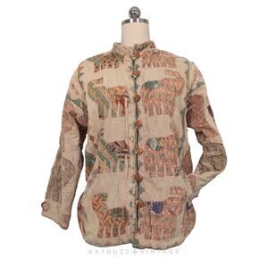 Patchwork Elephant Jacket Coat L Brown Boho Indie Hippie Eclectic Art 90s Tan